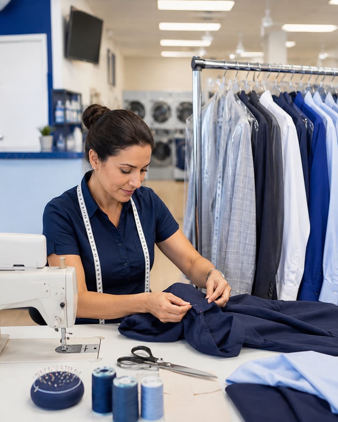 Tailor at Fry Washateria, Alterations & Cleaners hand-stitching a garment alongside a rack of pressed dry cleaning in Katy, TX