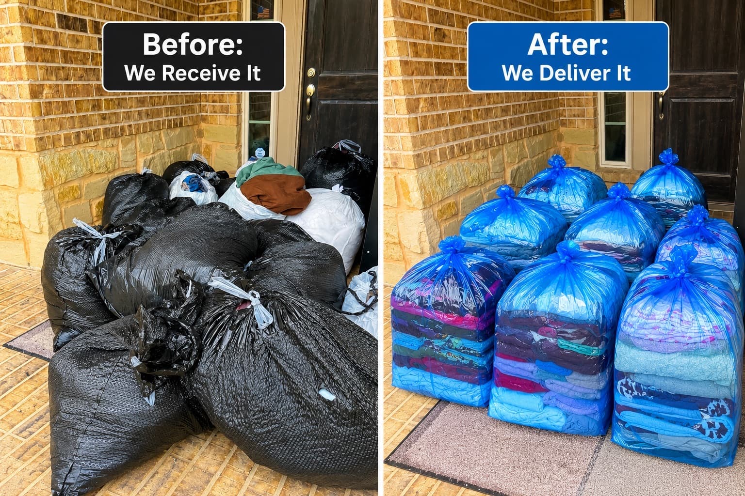 Before and after: bags of laundry received, then washed, dried, and folded laundry ready for delivery