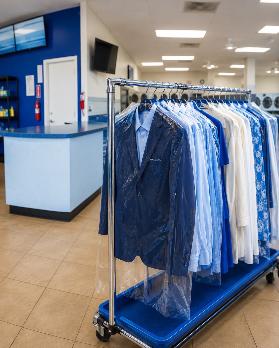 Rack of freshly dry-cleaned garments in protective bags at Fry Washateria, Alterations & Cleaners in Katy, TX
