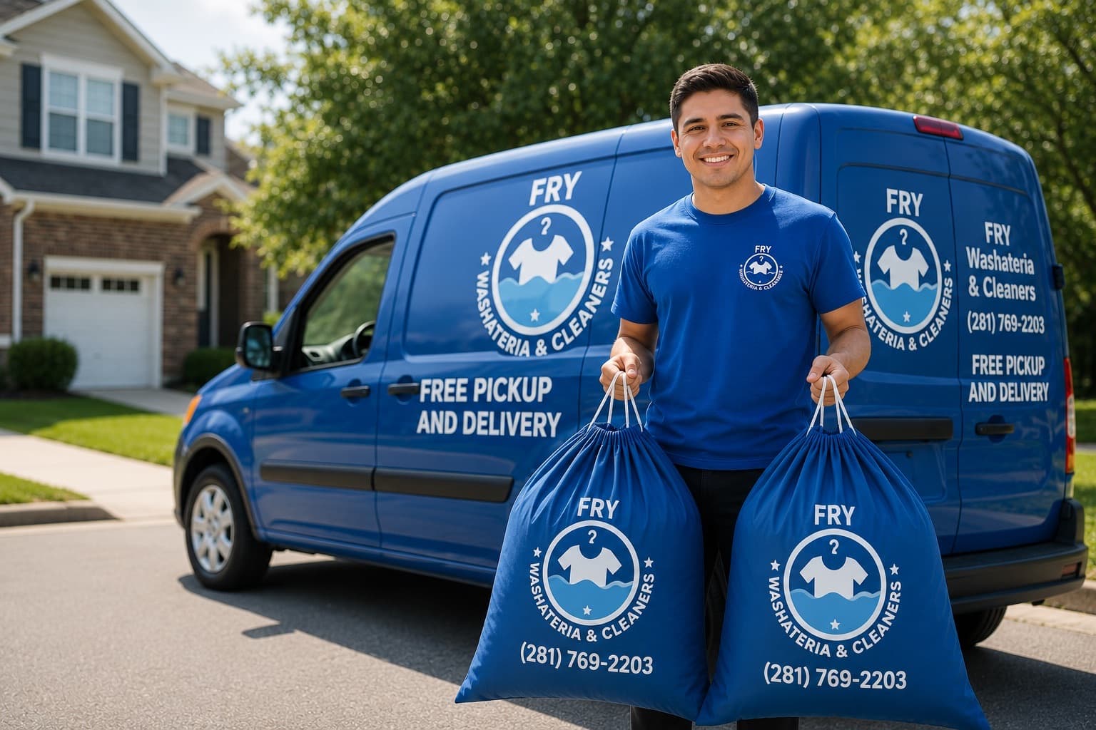 Fry Washateria, Alterations & Cleaners driver holding bagged laundry in front of the delivery van in a Katy, TX neighborhood