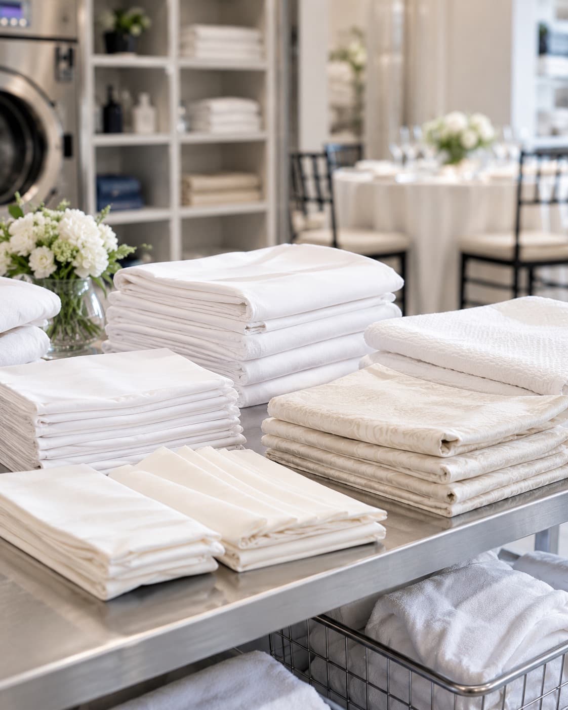 Folded white tablecloths and napkins on a stainless steel table with event seating in the background