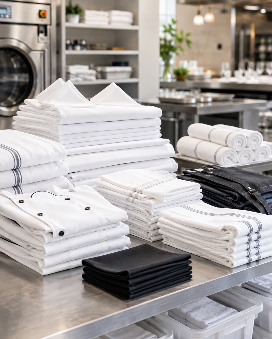 Folded white and black napkins, tablecloths, and restaurant linens on a stainless steel table in a commercial kitchen