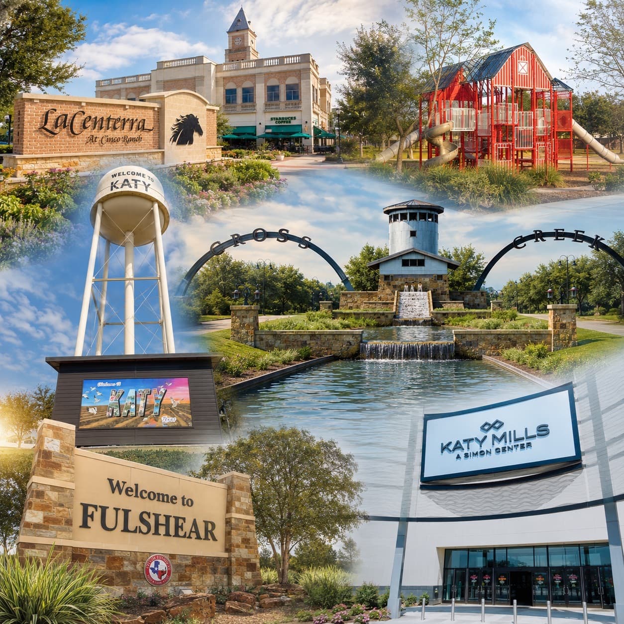 Landmarks across Fry Washateria's Katy and Fulshear service area, including La Centerra at Cinco Ranch, the Katy water tower, Cross Creek Ranch, Katy Mills, and Welcome to Fulshear sign