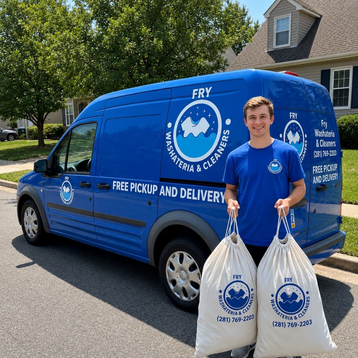 Fry Washateria, Alterations & Cleaners driver delivering fresh laundry to a home in Katy, TX