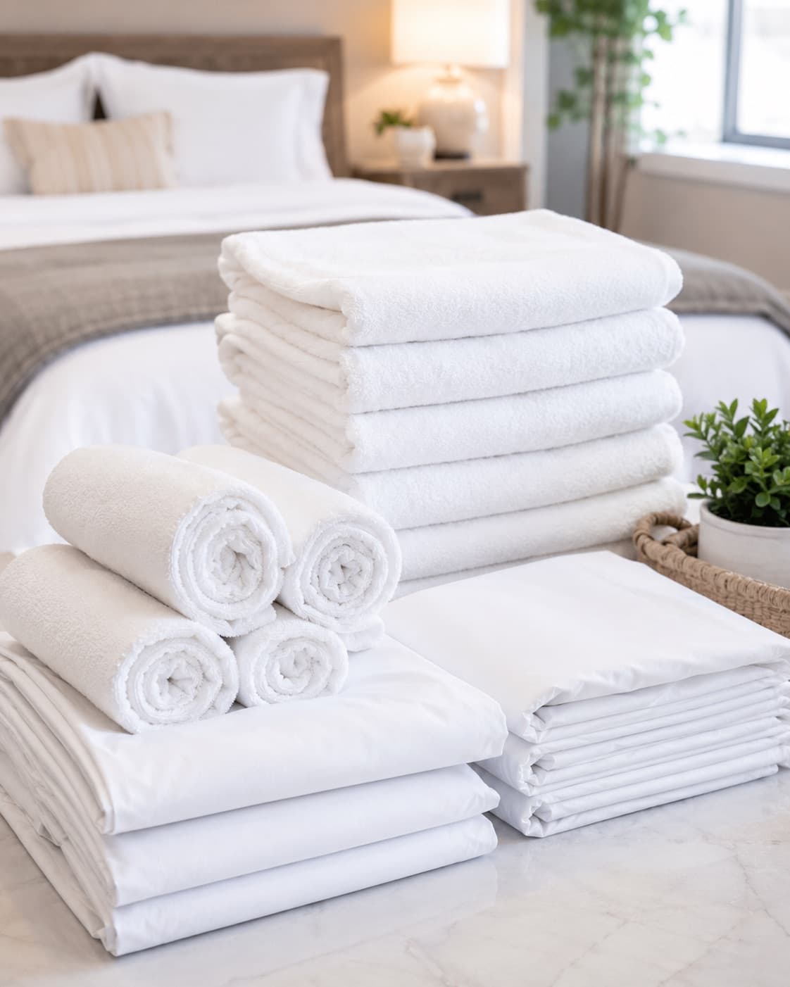Folded white towels and bedding on a bedroom dresser in a short-term rental