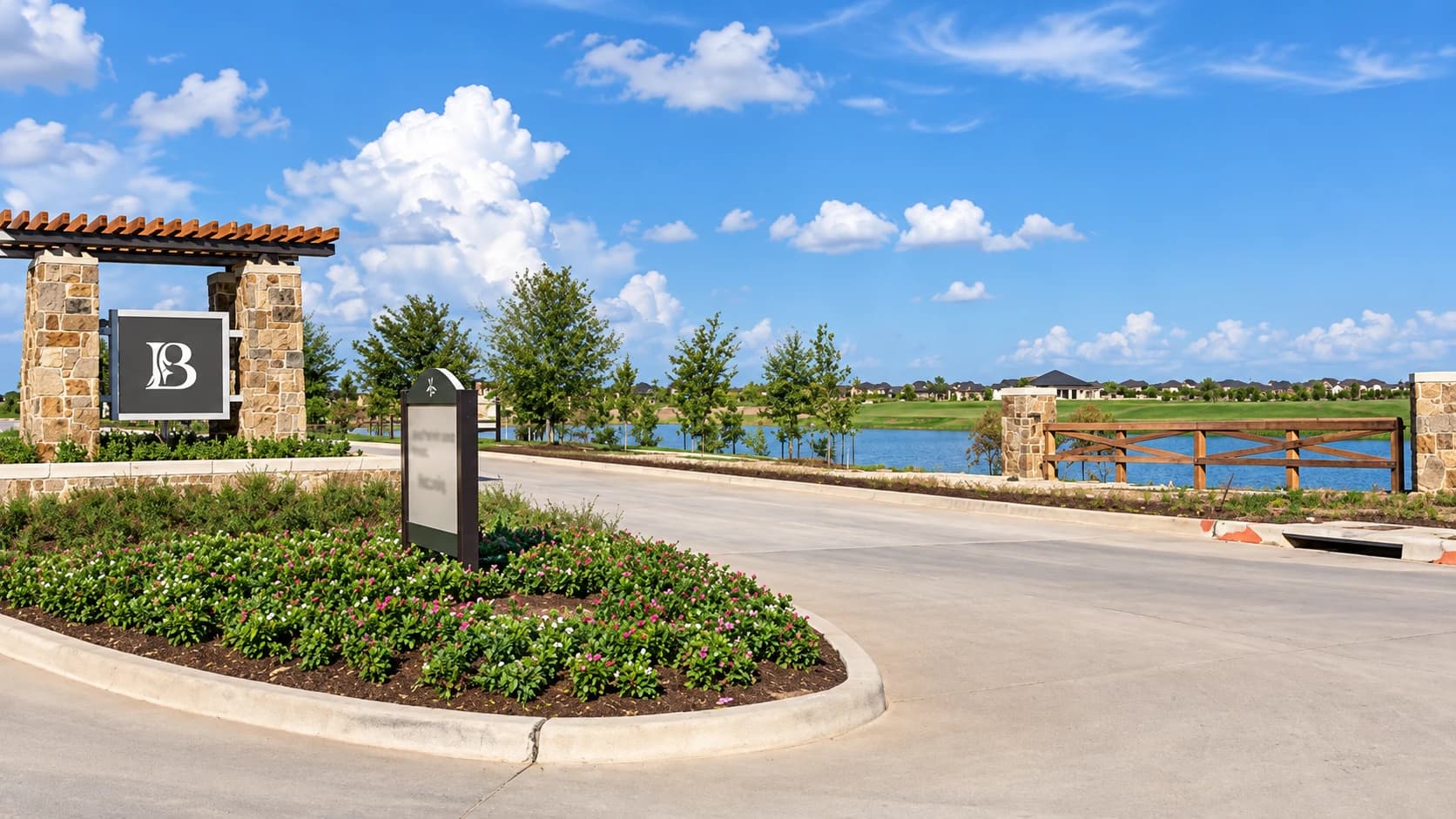 Bonterra at Cross Creek Ranch entrance monument sign overlooking the community lake and golf course