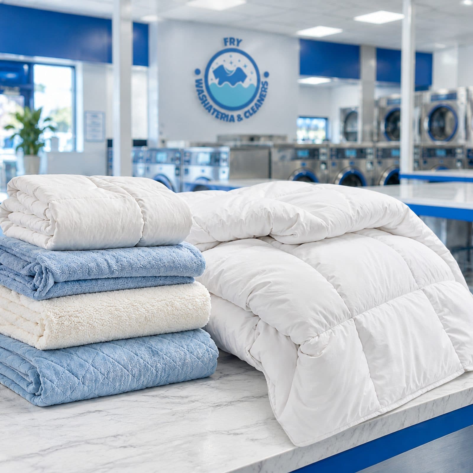 Freshly cleaned comforter and folded blankets on the counter at Fry Washateria in Katy, TX