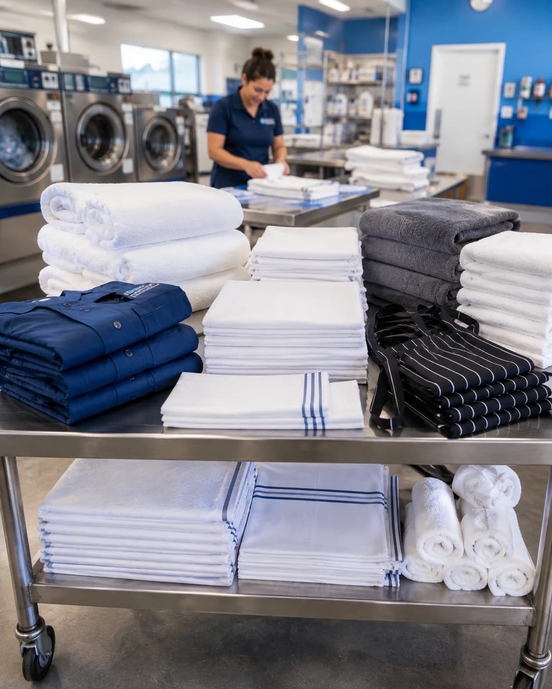 Folded commercial linens, towels, chef coats, and aprons staged on a stainless steel table at Fry Washateria in Katy, TX
