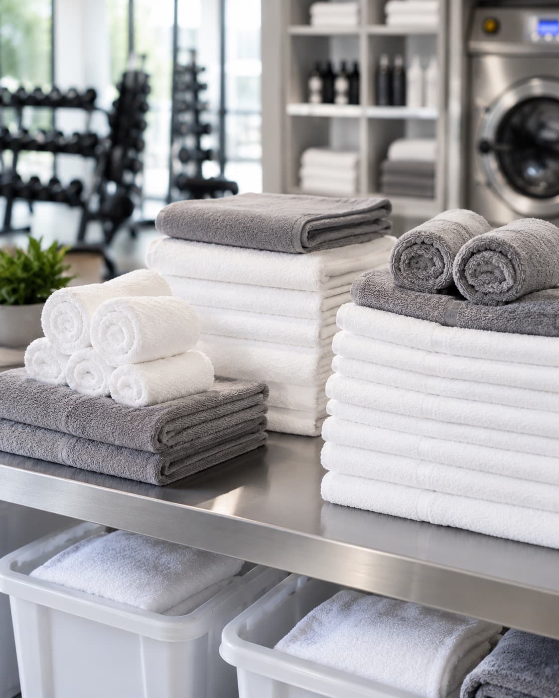 Folded gray and white gym towels stacked on a stainless steel table with fitness equipment in the background