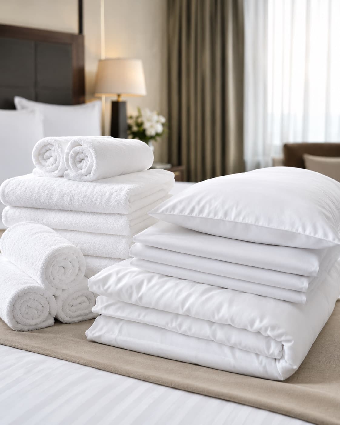 Folded white hotel towels, pillows, and a duvet stacked on a bed in a guest room