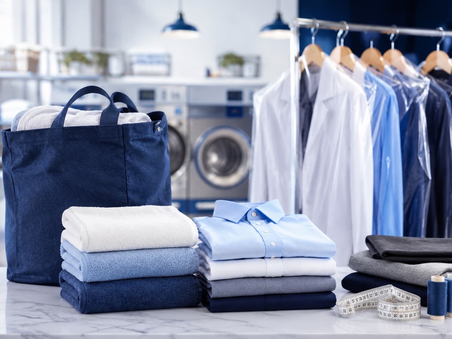 Folded towels, pressed shirts, and dry-cleaned garments ready for pickup at Fry Washateria, Alterations & Cleaners in Katy, TX