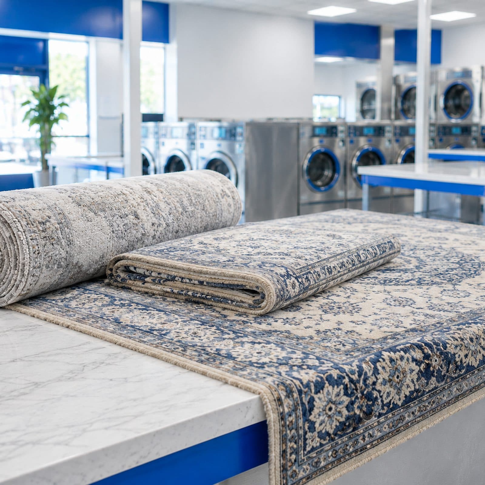 Rolled and folded area rugs ready for cleaning at Fry Washateria in Katy, TX
