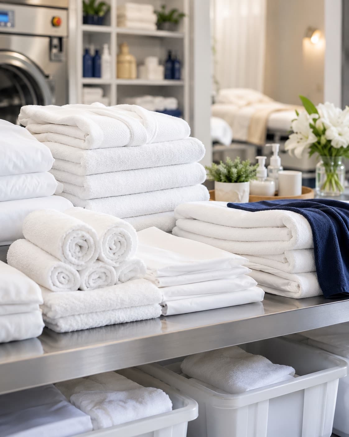 Stacked and rolled white spa towels and linens on a stainless steel table, ready for delivery