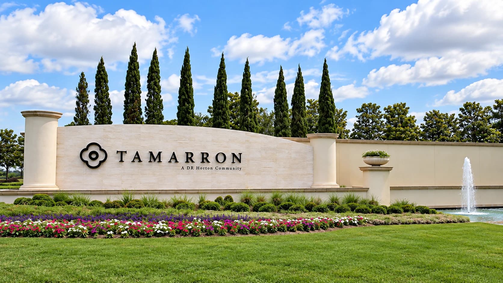 Tamarron entrance monument sign with a fountain and manicured landscaping