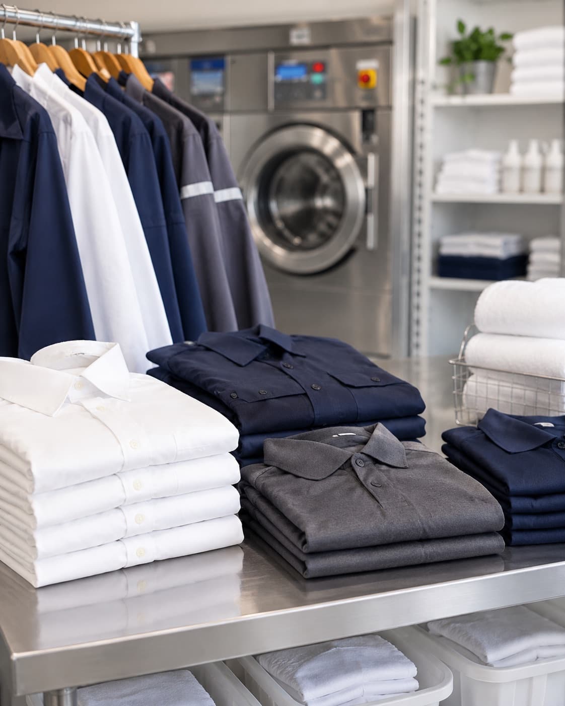 Folded and hung employee uniform shirts in white, navy, and gray on a commercial laundry rack