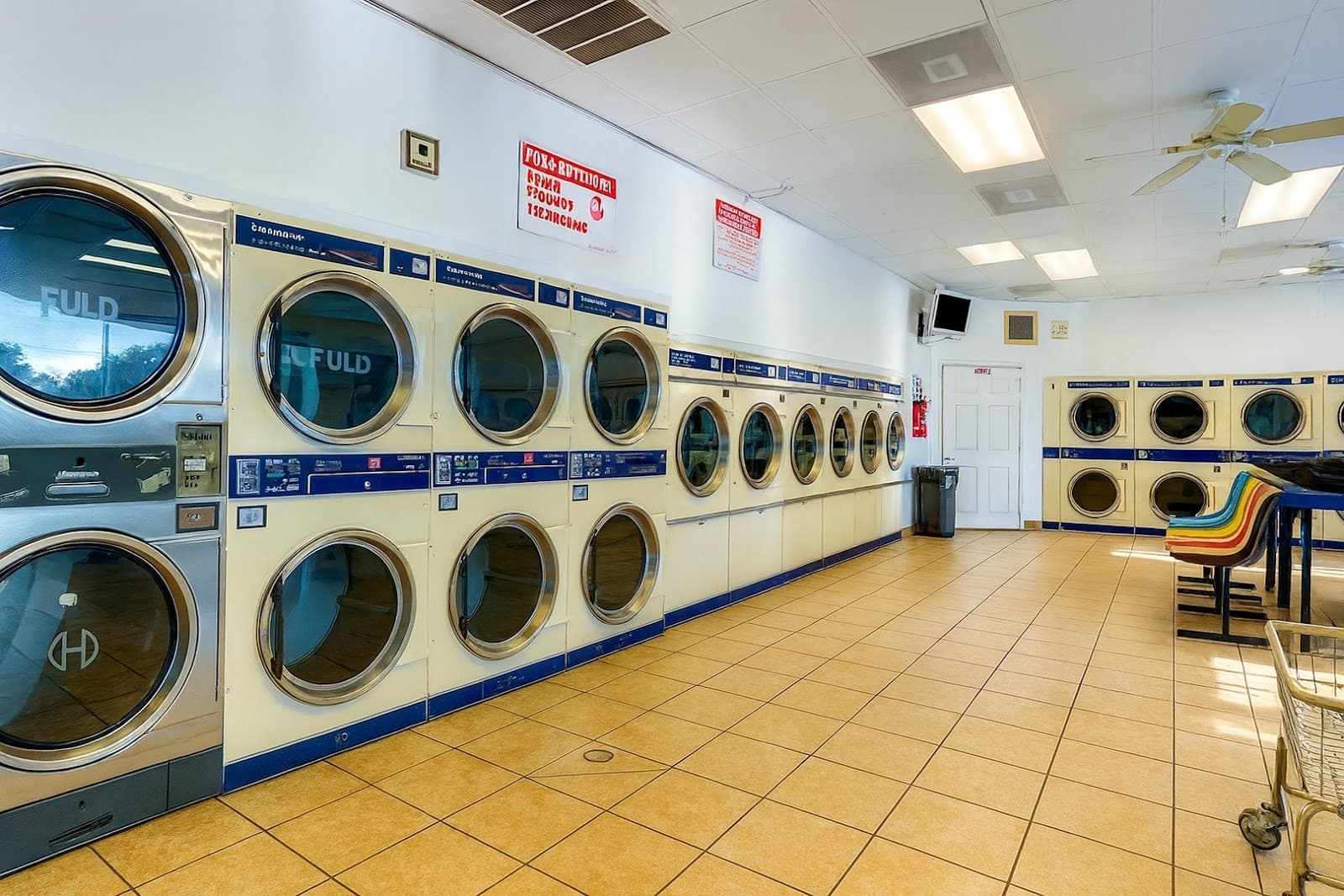 Row of coin-operated washers at Fry Washateria in Katy, TX